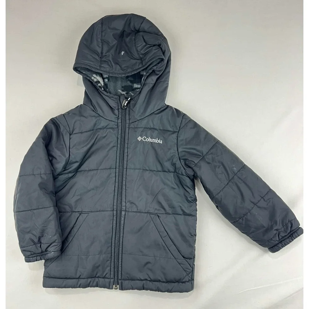 GUC Columbia Kids Reversible Puffer Hooded Fleece Jacket Boy Camo Black Size XXS